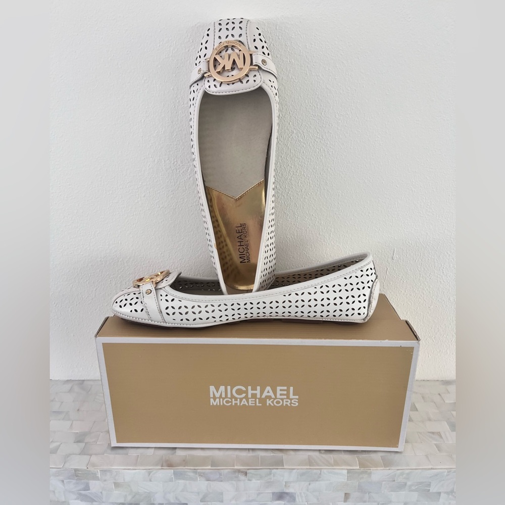 Michael Kors Leather White Perforated Flats with Gold Accent